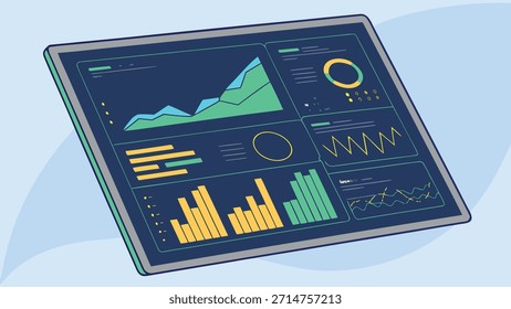 A digital dashboard displaying various charts and graphs, including line graphs, bar charts, and a pie chart, isolated on a white background.