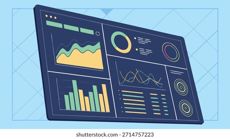 A digital dashboard displaying various charts, graphs, and data visualizations, presented on a clean blue background.