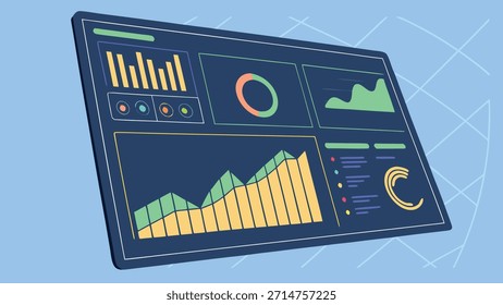 A digital dashboard displaying various charts and graphs, presenting data analytics and business intelligence insights, isolated on a blue background.