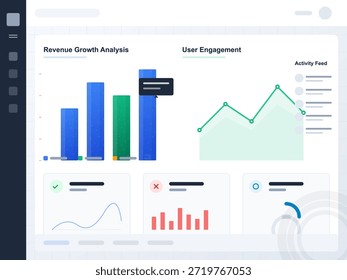 A digital dashboard displays bar graphs for revenue growth and user engagement metrics. Activity feed sections show performance data and trends over time, aimed at business analytics.