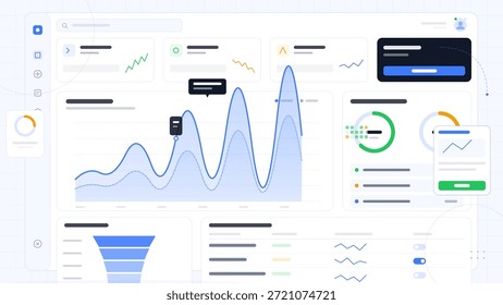 Um painel digital exibe gráficos que representam tendências de dados, atividade do usuário e medidas de desempenho. O design é organizado e fácil de usar para análise.