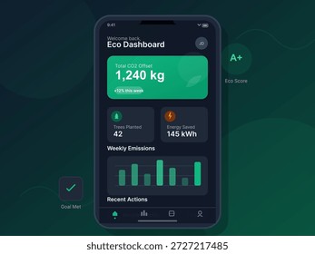 El tablero digital muestra datos ecológicos como la compensación de CO2, los árboles plantados y el ahorro de energía. Los usuarios pueden hacer una pista de sus emisiones semanales y revisar sus esfuerzos ambientales.