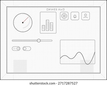 Ein digitales Armaturenbrett zeigt einen Tacho mit einem Zifferblatt, Balkendiagrammen und Bedienelementen wie einem Schieberegler und Kippschaltern in einem Rasterlayout an.