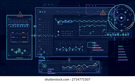 Un tablero digital muestra varias visualizaciones de datos, incluidos gráficos de líneas, gráficos de barras y medidores circulares, que transmiten una sensación de tecnología y análisis avanzados.