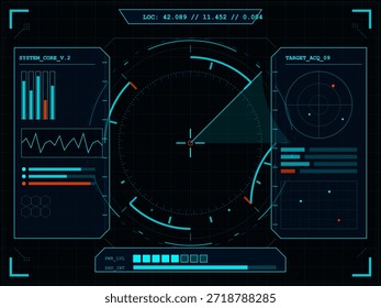 Un tablero digital muestra varios puntos de datos y métricas relacionadas con un sistema de seguimiento. La pantalla muestra gráficos, radar e información del núcleo del sistema.