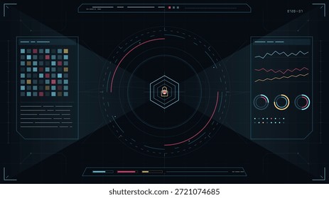 Un tablero digital muestra varios gráficos, gráficos y puntos de datos. Cuenta con indicadores de seguridad en el centro. La interfaz utiliza un tema oscuro con Elementos coloridos.