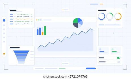A digital dashboard displays various graphs and charts that show trends and data points. The layout features pie charts, line graphs, and bar graphs for analysis and decision making.