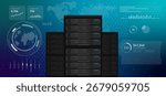Digital dashboard featuring a server rack icon representing global data centers and cloud computing infrastructure web hosting big data and IT technology