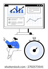 Gráficos de crescimento de painel digital lista de verificação, cronômetro, mulher com laptop, análise de dados. Ideal para produtividade, gerenciamento de tempo, análise de negócios, gerenciamento de projetos, visualização de dados