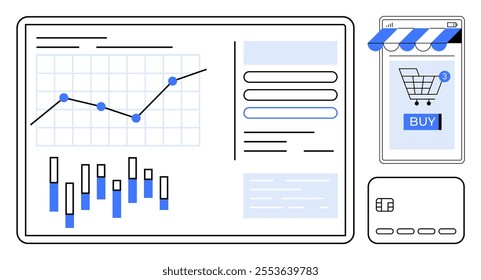 Digital dashboard with line and bar graphs. Mobile shopping app screen with cart and buy button. Credit card indicated. Ideal for e-commerce, data analysis, financial technology, online marketing