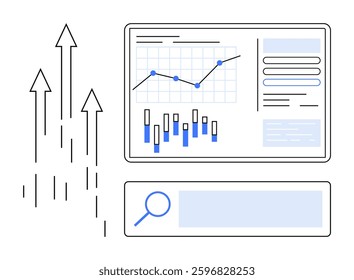 Digital dashboard with a line graph, bar chart, statistics, rising arrows, and a search bar. Ideal for data analysis, business growth, performance tracking, online research, financial forecasting
