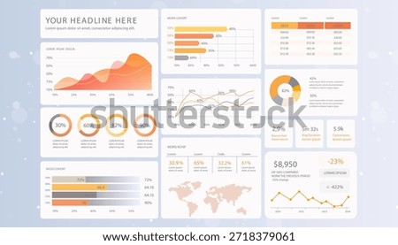Digital dashboard presenting various data analysis charts, graphs, and key performance indicators for business overview and strategic decision-making. Vector