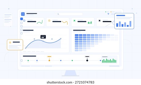 Un tablero digital presenta gráficos y tablas para rastrear las tendencias de datos en un espacio de trabajo moderno. Muestra las estadísticas en secciones claras para su análisis.