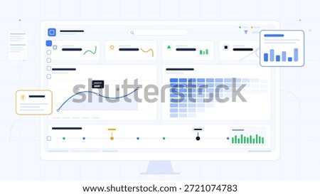 A digital dashboard presents graphs and charts for tracking data trends in a modern workspace. It shows statistics in clear sections for analysis.