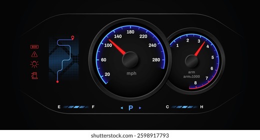 Digital dashboard showcasing speed and engine data with clear gauges for easy vehicle monitoring.