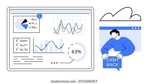 A digital dashboard showing charts and graphs related to financial data. To the side a person holds a cashback sign. Ideal for finance data analytics cashback offers business performance online tools