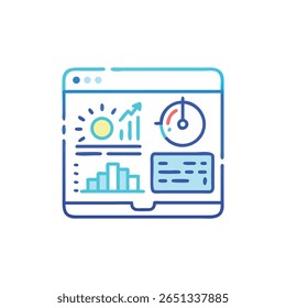 A digital dashboard shows analytics through visual charts and graphs. It features a colorful, modern flat style, conveying data insights.