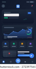 Ein digitales Dashboard zeigt Diagramme und Indikatoren an, die Datentrends darstellen. In verschiedenen Abschnitten werden Metriken und Steuerelemente angezeigt. Das Gesamtdesign hat einen dunklen Hintergrund mit hellen Grafiken.