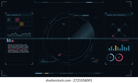 Un tablero digital muestra varios puntos de datos, incluidos gráficos, gráficos y estadísticas. El diseño presenta un fondo oscuro con Elementos brillantes que resaltan la actividad.