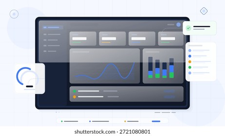 Um painel de controle digital mostra várias visualizações de dados, como gráficos e tabelas. Esta configuração do espaço de trabalho destaca as principais métricas do usuário e ferramentas analíticas em uso.