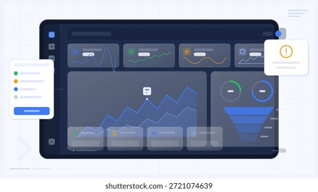 Um painel de controle digital mostra vários gráficos e ferramentas de dados usados para controlar o desempenho dos negócios. A tela inclui métricas e alertas. Ele representa a análise coletada em tempo real.