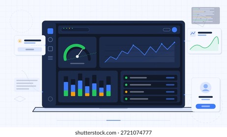 Un tablero digital muestra varias métricas con gráficos coloridos. Hay gráficos que indican tendencias de datos y estadísticas de usuarios en una pantalla de computadora.