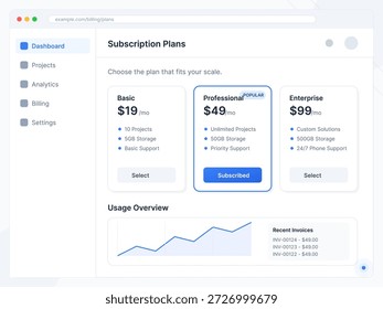 A digital dashboard shows various subscription plans with pricing and features. It includes a basic plan, professional plan, and enterprise plan, displaying storage and support options.