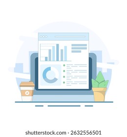 Digital Data Analysis Chart Concept Vector Illustration. Graph diagram on Computer Screen. Digital financial chart. Diagram showing growth and profit. Flat design vector illustration.
