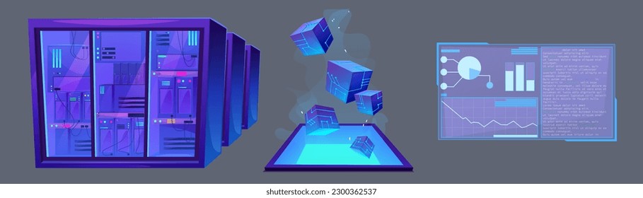 Digital data analysis dashboard, computer server room set. Database storage, blockchain and network communication system concept, vector cartoon illustration