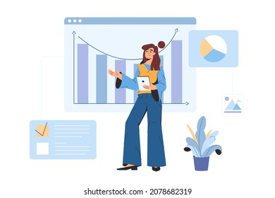 Digital data analysis and graphic design statistical for business finance investment. Flat woman office worker analyzing statistical information, charts and graphs at dashboard.