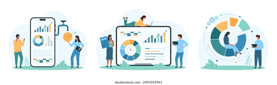 Digital data analysis set. Tiny people work with statistic report and financial growth performance on dashboard, monitor and control infographic graphs and charts cartoon vector illustration