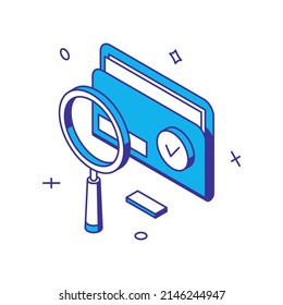 Digital data analyzing document folder business profit result with magnifying glass 3d icon isometric vector illustration. Checking financial datum marketing optimization strategy searching report