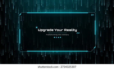 Digital data background with binary code and Upgrade Your Reality text. Concept of virtual innovation and future technology.