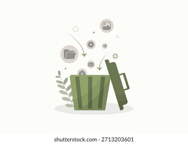 Digitale Datenbereinigung mit grünem Mülleimer. Datenmanagement, Speicheroptimierung und Umweltbilanz der digitalen Technologie. Digitales Clean Up Day-Konzept. Flacher Stil. Vektorgrafik