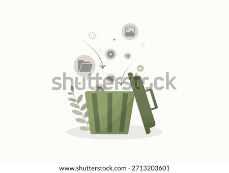 Digital data cleanup with green trash bin. Data management, storage optimization and environmental footprint of digital technology. Digital clean up day concept. Flat style. Vector illustration