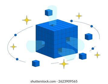 Digital data cube with orbiting blocks and sparkles 2D cartoon object. High tech futuristic technology model. Geometric structure isolated element flat vector clip art on white. Spot illustration