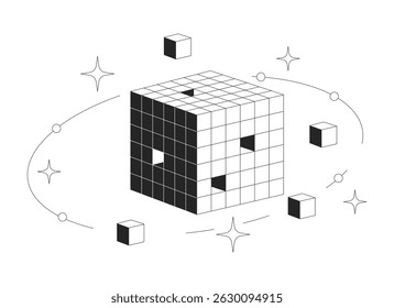 Digital data cube with orbiting blocks and sparkles 2D line object. High tech futuristic technology model. Geometric structure isolated clipart vector ink outline item. Monochrome spot illustration