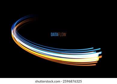 Digital data flow abstract background with curved blue and orange light trails on black background. Ai, big data, Information, research, technology concept. Tech vector illustration.