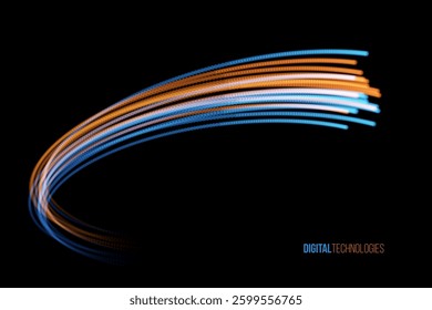 Digital data flow abstract background with curved blue and orange light trails on black background. Ai, big data, Information, research, technology concept. Tech vector illustration.