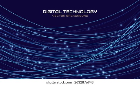 Digital Data Flow Connections, Abstract Blue Light Streams on Dark Background, Futuristic Fiber Optic Lines or Network Speed Concept. Vector Illustration.