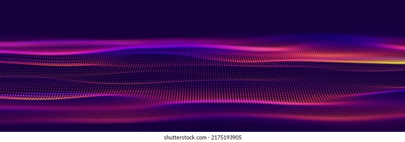 Digital Data Flow Vector Background. Big Data Technology Particles. Tech Business Backdrop. Dots Grid Waves Landscape. Information Flow In Virtual Reality Cyberspace. Vector Illustration.