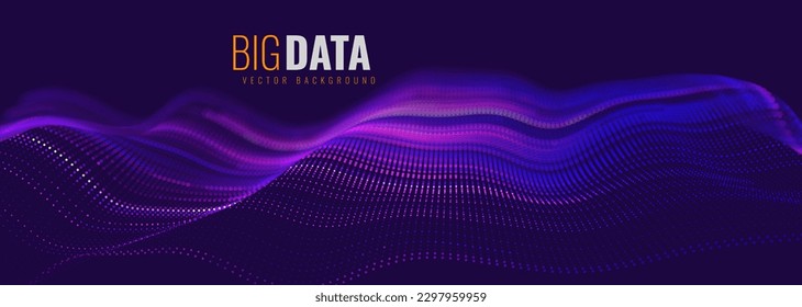 Digital Data Flow Vector Background. Big Data Technology Particles. Tech Business Backdrop. Dots Grid Waves Landscape. Information Flow in Virtual Reality Cyberspace. Vector Illustration.