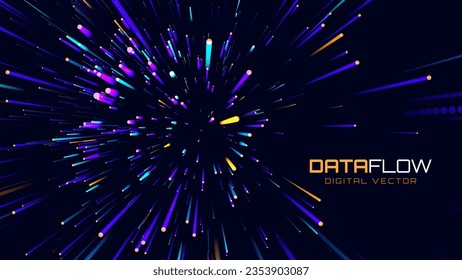 Digital Data Flow Vector Background. Big Data Technology Lines. 5G Wireless Data Transmission. High Speed of Light Trails. Information Flow in Virtual Reality Cyberspace. Vector Illustration.