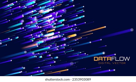 Fondo vectorial de flujo de datos digitales. Líneas de Tecnología de Big Data. Transmisión de datos inalámbrica 5G. Trayectos de alta velocidad de luz. Flujo de información en el ciberespacio de realidad virtual. Ilustración vectorial.