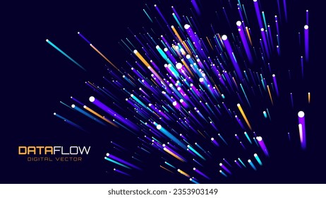 Digital Data Flow Vector Background. Big Data Technology Lines. 5G Wireless Data Transmission. High Speed of Light Trails. Information Flow in Virtual Reality Cyberspace. Vector Illustration.