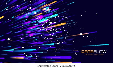 Digital Data Flow Vector Background. Big Data Technology Lines. 5G Wireless Data Transmission. High Speed of Light Trails. Information Flow in Virtual Reality Cyberspace. Vector Illustration.