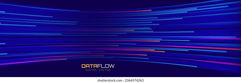 Fondo vectorial de flujo de datos digitales. Líneas de Tecnología de Big Data. Transmisión de datos inalámbrica 5G. Trayectos de alta velocidad de luz. Flujo de información en el ciberespacio de realidad virtual. Ilustración vectorial.