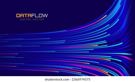 Fondo vectorial de flujo de datos digitales. Líneas de Tecnología de Big Data. Transmisión de datos inalámbrica 5G. Trayectos de alta velocidad de luz. Flujo de información en el ciberespacio de realidad virtual. Ilustración vectorial.