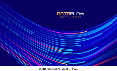 Digital Data Flow Vector Background. Big Data Technology Lines. 5G Wireless Data Transmission. High Speed of Light Trails. Information Flow in Virtual Reality Cyberspace. Vector Illustration.