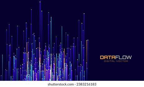 Fondo vectorial de flujo de datos digitales. Líneas de Tecnología de Big Data. Transmisión de datos inalámbrica 5G. Trayectos de alta velocidad de luz. Flujo de información en el ciberespacio de realidad virtual. Ilustración vectorial.